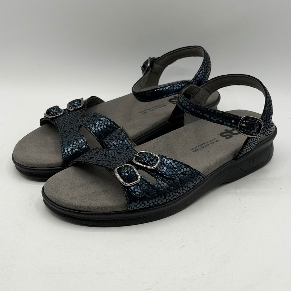SAS Duo Navy Perla Sandals Women's 7 W Blue Snakeskin Leather Comfort Walking